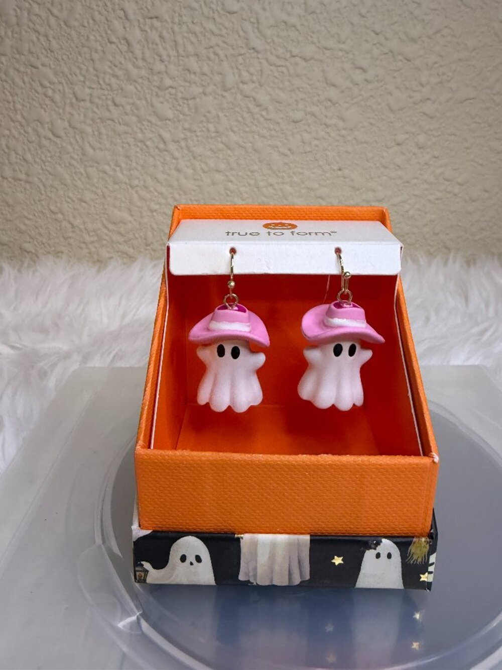 True to Form Pink Ghost Cowgirl Hat Halloween Dangle Earrings NWT